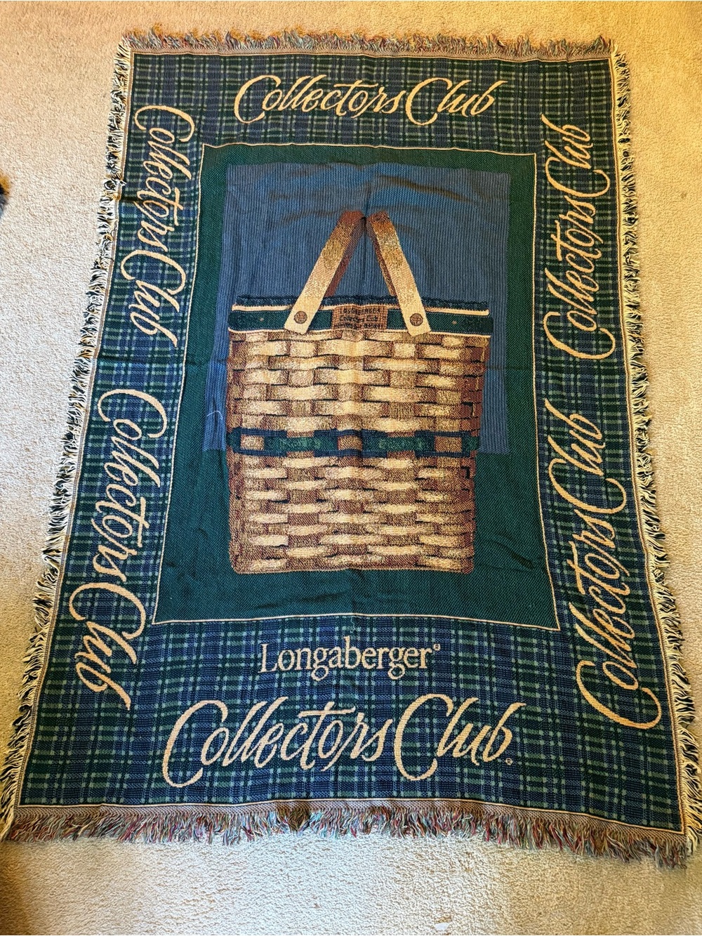 Longaberger Collectors Club 1999 Green Blue Plaid Woven Throw with Basket Motif